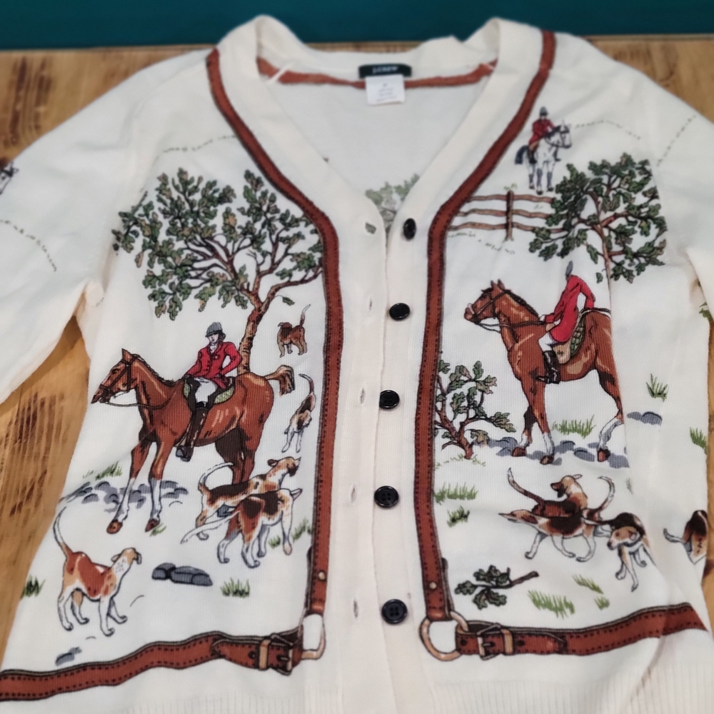 J. Crew Cream Horse/Equestrian Vintage HTF Rare Cardigan Size Med. 100% Wool - Picture 7 of 9